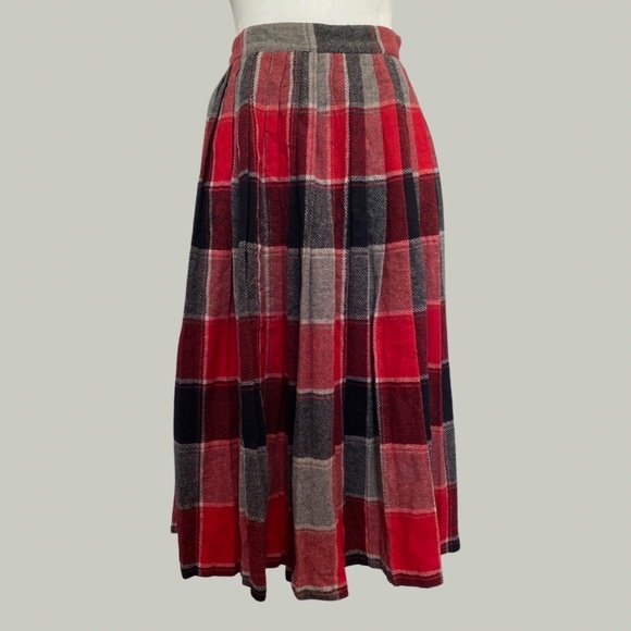 Vintage Red Plaid Pleated Circle Wool Skirt - Picture 5 of 6